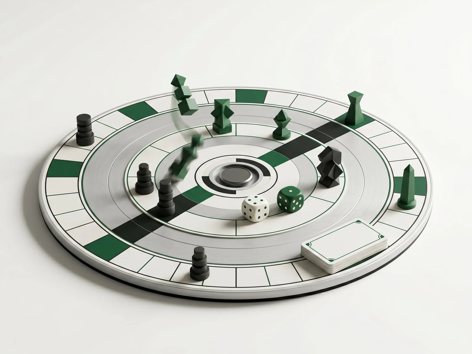 Owe: an elegant circular strategy board game shown at an angle, with dice, a card deck and sculptural green and charcoal playing pieces